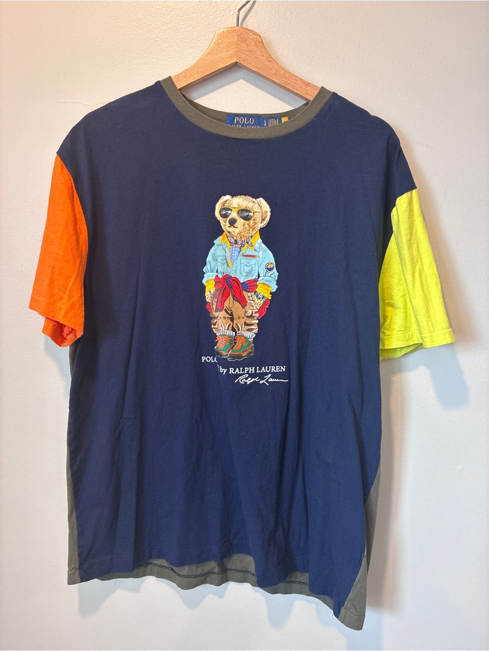 Polo by Ralph Lauren Navy Bear Graphic Tee with Orange & Yellow Sleeves